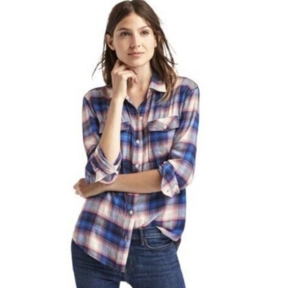 Pendleton + GAP Plaid Flannel Blue Pink Boyfriend Shirt S